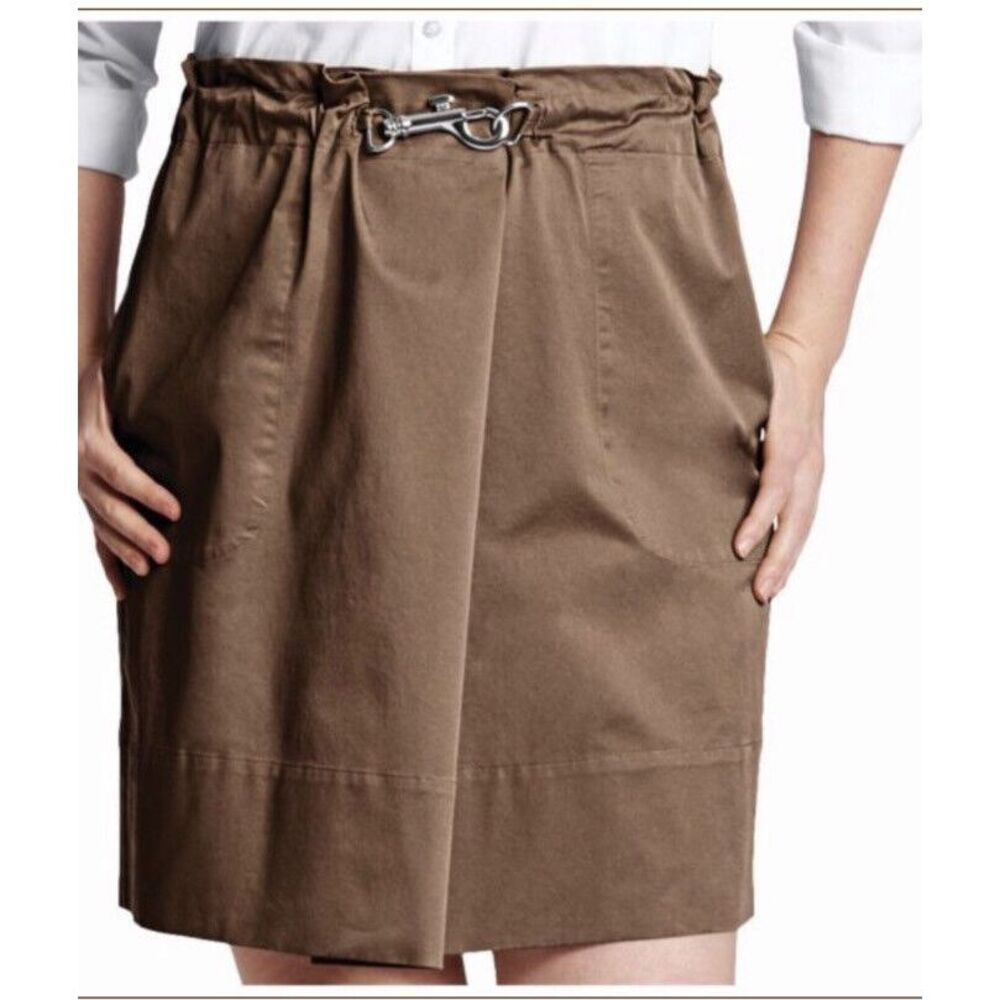 LANDS' END Brown Silver Hook Clasp Elastic Faux Wrap‎ Cotton SKIRT sz 8P Petite